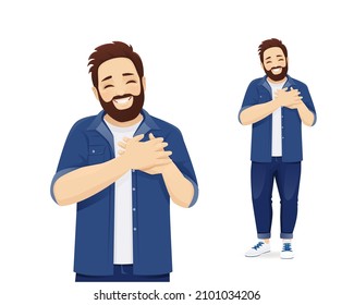 Happy young bearded handsome man smiling with hands on chest standing. Love concept isolated vector illustration