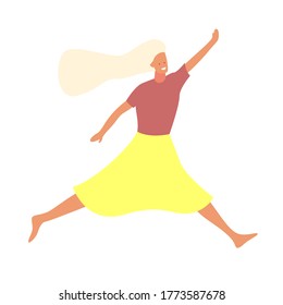 Happy young beautiful girl jumping flat vector illustration. Girl having fun, dancing and jumping with hands up in the air. Happy smiling stylish blonde woman performing dance and jump in the air