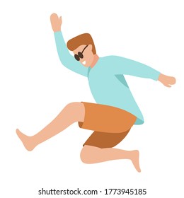 Happy young beautiful man in sunglasses jumping flat vector illustration. Man having fun, dancing and jumping with hands up in the air. Happy smiling stylish boy performing dance and jump in the air