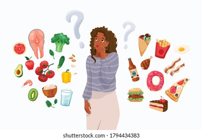 Happy young black african american woman thinking about choosing menu. Choice between healthy and unhealthy food concept vector background. Difficult choosing. Flat illustration in cartoon style.