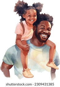 Happy young black father piggybacking his pretty little daughter in watercolor style 