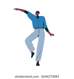 Happy young black man dancing with excited smiling emotion. Energetic African-American dancer in dynamic pose, elegant movement at music party. Flat vector illustration isolated on white background