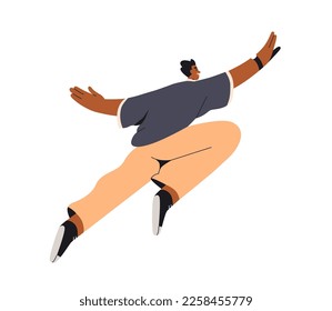 Happy young black man flying, jumping up with joy. Excited joyful free character floating in air. Freedom, pleasure, ease concept. Flat graphic vector illustration isolated on white background