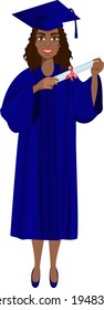 Happy young black smiling girl in student gown with a diploma. Cartoon colorful illustration. Vector illustration.