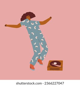 Happy young black woman dances and joys. Funky cheerful character in vector. Flat illustration isolated on background.
