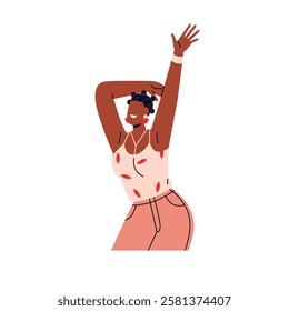 Happy young black woman dancing with arm up at disco party. Energetic carefree girl enjoying music. Modern style female having fun, smiling. Flat vector illustration isolated on white background