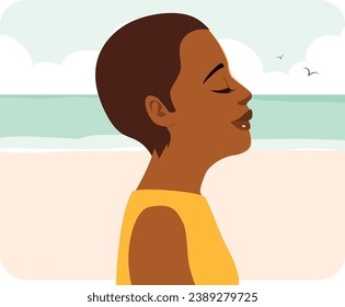 Happy young black woman side view relaxing on beach vector illustration. African american girl enjoy vacation. Carefree profile happy young woman sunbathing at sea with copy space.