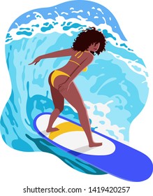 Happy young black woman surfer in yellow swimsuit riding big waves on blue surfboard. Summer illustration with beautiful wave rider with black curly hair