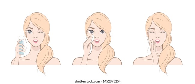 Happy young blonde woman with clean fresh skin. Beauty Skin Care. Cartoon Girl with lotion bottle. Vector illustration