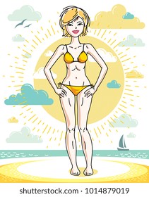 Happy young blonde woman posing on tropical beach and wearing swimsuit. Vector attractive female illustration. Summer vacation lifestyle theme cartoon.