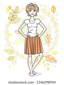 Happy young blonde woman posing on background of autumn landscape and wearing fashionable casual clothes. Vector attractive female illustration. Fashion and lifestyle theme cartoon.