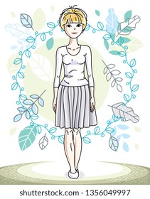 Happy young blonde woman posing on background of spring landscape and wearing fashionable casual clothes. Vector attractive female illustration. Springtime fashion and lifestyle theme cartoon.