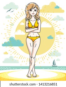 Happy young blonde woman posing on tropical beach and wearing swimsuit. Vector attractive female illustration. Summer vacation lifestyle theme cartoon.