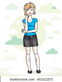 Happy young blonde woman posing on background with blue heavens clouds and wearing fashionable casual clothes. Vector attractive female illustration. Lifestyle theme cartoon.