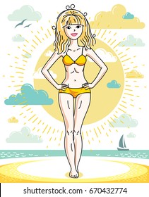 Happy young blonde woman posing on tropical beach and wearing swimsuit. Vector attractive female illustration. Summer vacation lifestyle theme cartoon.