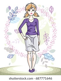 Happy young blonde woman posing on background of spring landscape and wearing fashionable casual clothes. Vector attractive female illustration. Springtime fashion and lifestyle theme cartoon.