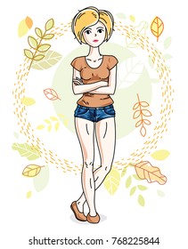 Happy young blonde woman posing on background of autumn landscape and wearing fashionable casual clothes. Vector attractive female illustration. Fashion and lifestyle theme cartoon.