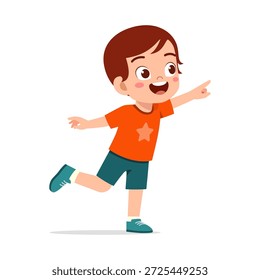 Niño joven feliz que balancea en una pierna que señala hacia adelante con una amplia sonrisa alegre en una ilustración alegre de la historieta