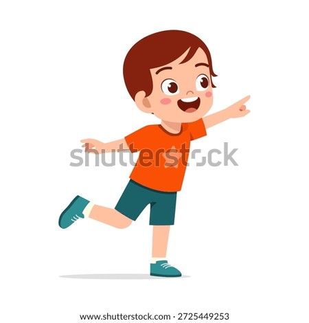 Happy young boy balancing on one leg pointing forward with a wide joyful smile in a cheerful cartoon illustration
