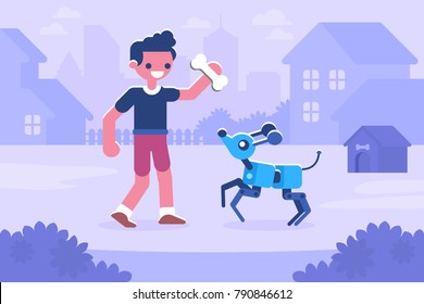 Happy young boy with bone in his hand playing with robotic dog Vector illustration