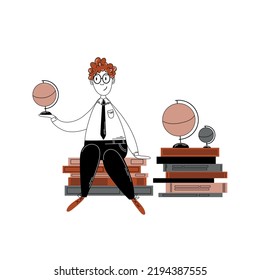 Happy young boy character studying. Hand draw outline vector illustration in doodle style. Back to school concept.