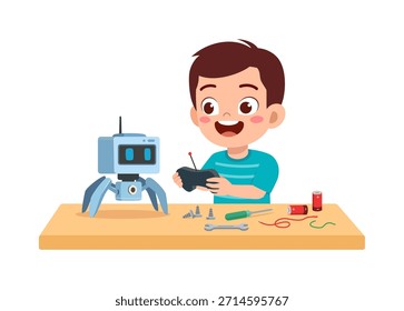 Muchacho joven feliz que controla un robot con un control remoto emocionado sobre su proyecto electrónico con las herramientas y las baterías