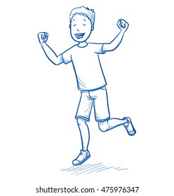 Happy young boy dancing and jumping with joy. Hand drawn cartoon doodle vector illustration.