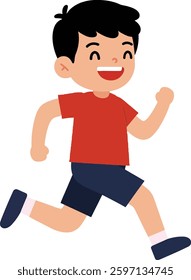 A happy young boy with dark hair runs energetically, wearing a bright red shirt and blue shorts, radiating joy and enthusiasm in this cheerful scene.