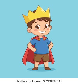 Un joven feliz vestido de rey o superhéroe, de pie con confianza con las manos en las caderas.