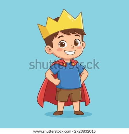 A happy young boy dressed as a king or superhero, standing confidently with his hands on his hips.