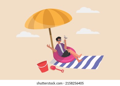 Happy Young boy drinking and sitting on beach chair under umbrella . Summer Party. Flat vector illustration isolated.