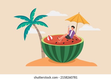 Happy Young boy drinking and sitting on watermelon in beach. Summer Party. Flat vector illustration isolated.