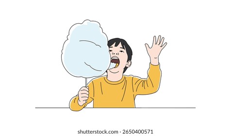 Um menino feliz desfrutando de um grande doce de algodão azul fofo tratar em uma feira divertida