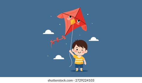 Happy young boy flying a large red bird-shaped kite against a dark blue sky with soft white clouds on a windy day.