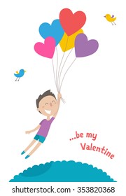 Happy young boy is flying on air balloons as hearts. Love concept. Vector illustration for greeting card for Valentine's day. Flat design. Isolated on white background.