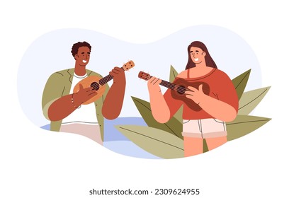 Happy young boy and girl playing ukulele flat style, vector illustration isolated on white background. Smiling people play acoustic music, leisure and hobby, creation, decorative design element