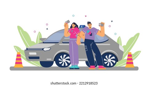 Happy young boy and girl standing near training car and holding driver licenses flat style, vector illustration isolated on white background. Successful completion of driving school