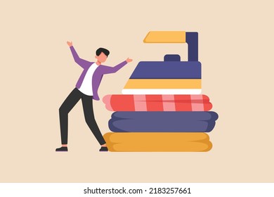 Happy young boy has finished ironing clothes. Laundry concept. Flat vector illustration isolated. 