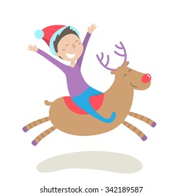 Happy young boy in the hat of Santa Claus riding a reindeer. Isolated on white background. Christmas Holiday vector illustration flat style for greeting card, poster, banner.