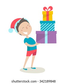 Happy young boy in the hat of Santa Claus holds the xmas gifts. Isolated on white background. Christmas Holiday vector illustration flat style for greeting card, poster, banner.