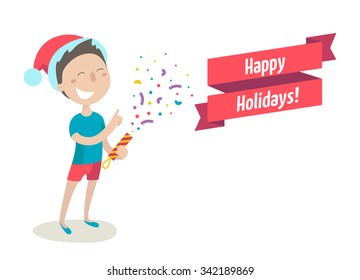 Happy young boy in the hat of Santa Claus holds Confetti Fountain. Isolated on white background. Christmas Holiday vector illustration flat style for greeting card, poster, banner.