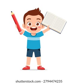 Happy young boy holding a big red pencil and an open book smiling cheerfully ready for school