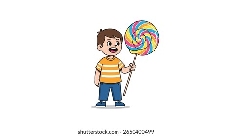 Happy young boy holding a giant colorful swirl lollipop candy treat enjoying sweetness