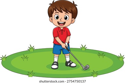 Happy young boy holding a golf club and standing on a green grass field while playing golf in a joyful vector cartoon illustration.