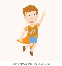 Fröhlicher kleiner Junge, der mit erhobener Hand aufspringt, Superheld, fliegende Pose