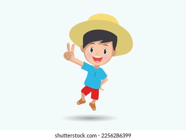 Un joven feliz saltando y mostrando una señal de paz