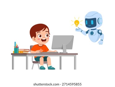 Muchacho joven feliz que aprende en el ordenador con un robot amistoso que muestra una bombilla brillante de la idea