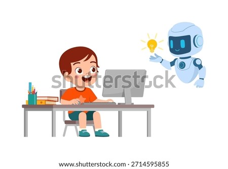 Happy young boy learning on computer with a friendly robot showing a bright idea lightbulb
