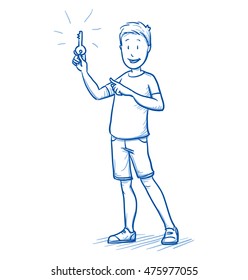 Niño feliz levantando una llave, como concepto de solución. Dibujo manual de dibujo de doodle ilustración vectorial.