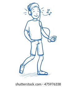 Happy young boy listening to music on his smart phone. Hand drawn cartoon doodle vector illustration.